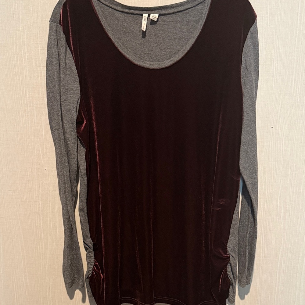 Velvet Front Long Sleeve Top - Gray and Burgundy